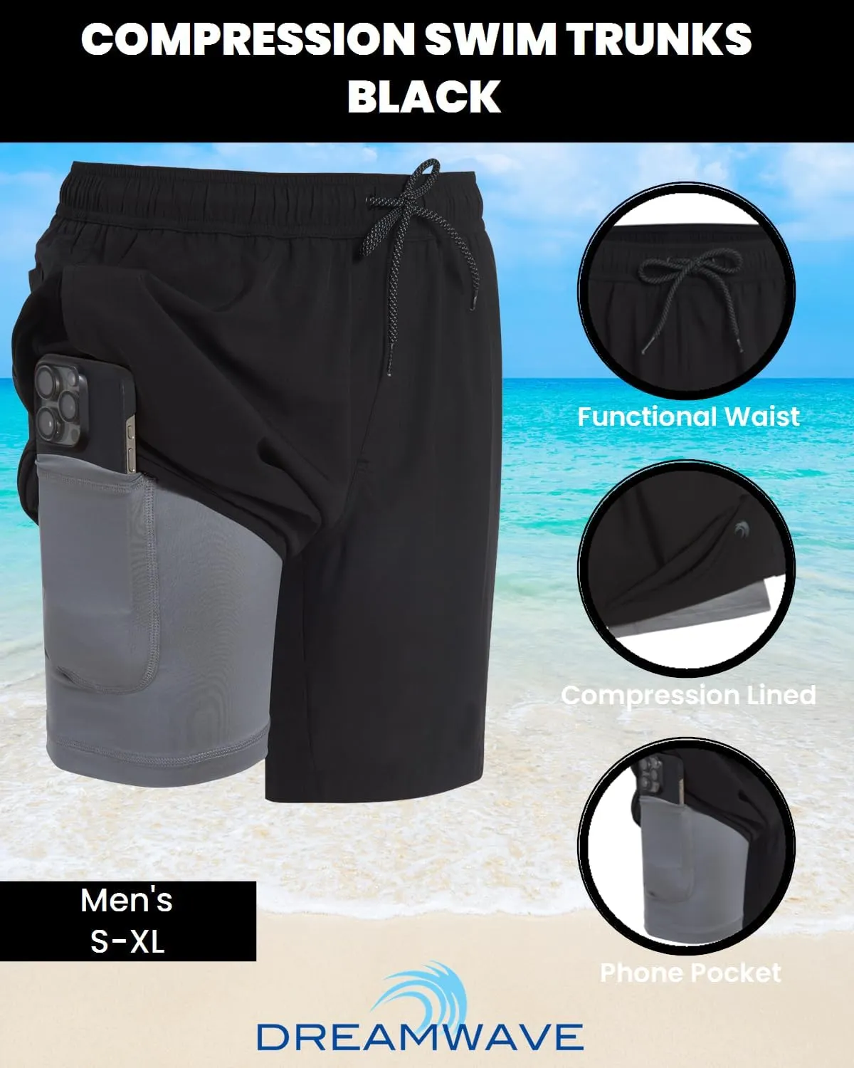 Mens Swim Trunks with Compression Liner Anti Chafing 7 inch Inseam Stretch Quick Dry Swim Shorts with Phone Pocket