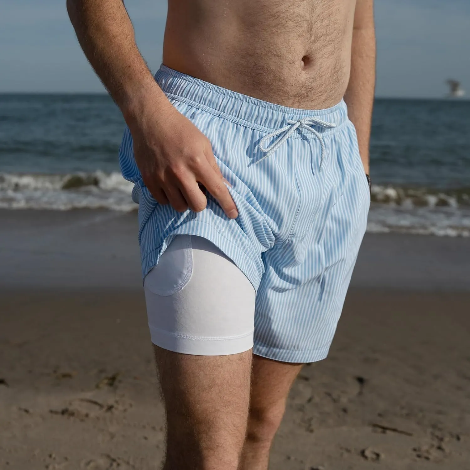Mens Swim Trunks with Compression Liner Anti Chafing 7 inch Inseam Stretch Quick Dry Swim Shorts with Phone Pocket