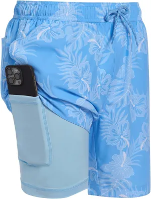 Mens Swim Trunks with Compression Liner Anti Chafing 7 inch Inseam Stretch Quick Dry Swim Shorts with Phone Pocket