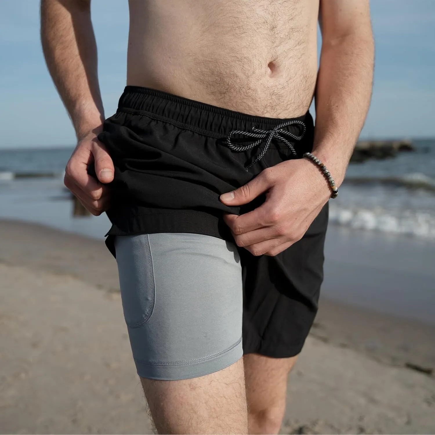Mens Swim Trunks with Compression Liner Anti Chafing 7 inch Inseam Stretch Quick Dry Swim Shorts with Phone Pocket