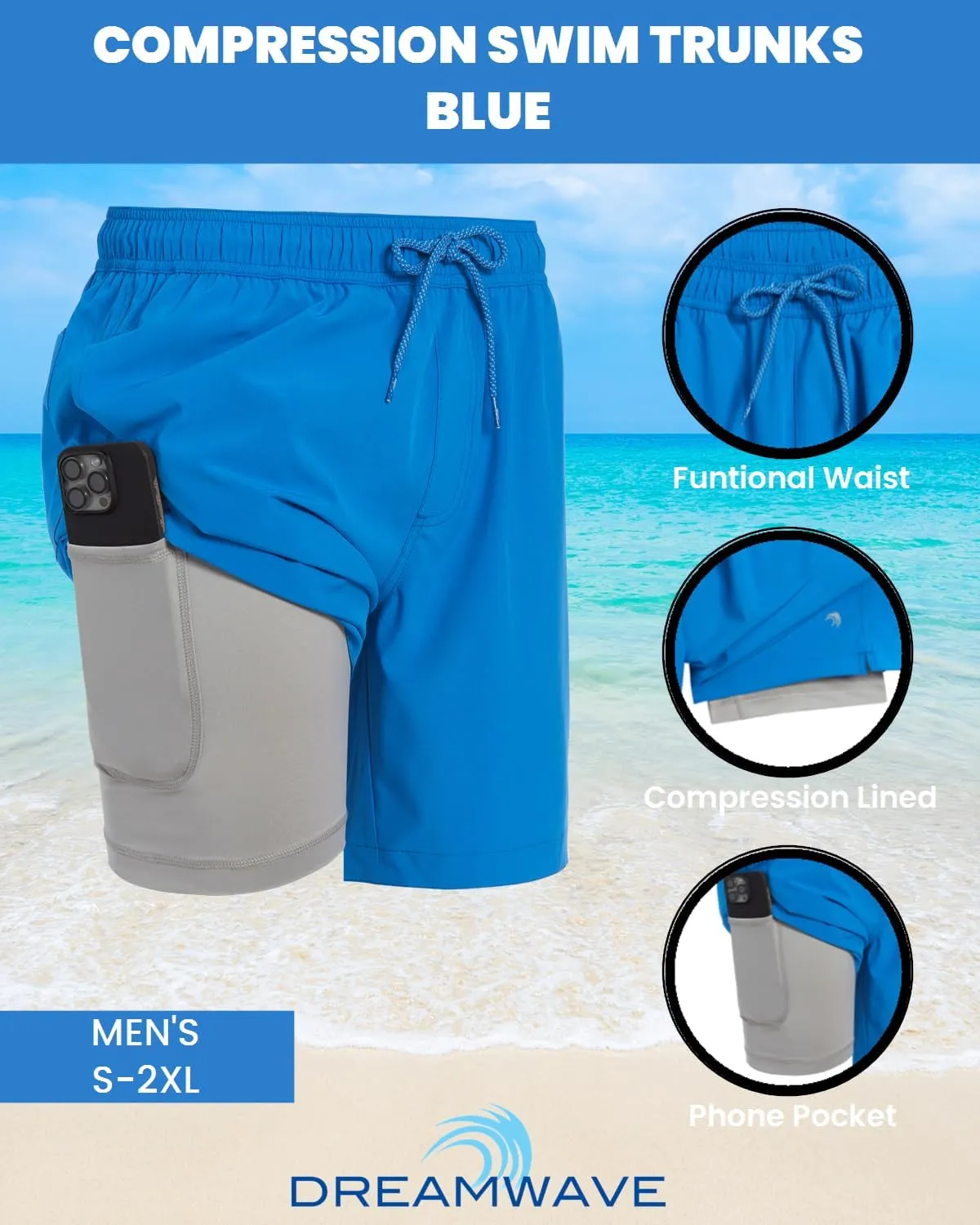 Mens Swim Trunks with Compression Liner Anti Chafing 7 inch Inseam Stretch Quick Dry Swim Shorts with Phone Pocket