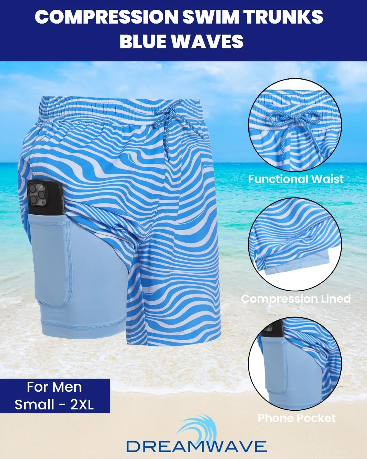 Mens Swim Trunks with Compression Liner Anti Chafing 7 inch Inseam Stretch Quick Dry Swim Shorts with Phone Pocket