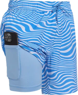 Mens Swim Trunks with Compression Liner Anti Chafing 7 inch Inseam Stretch Quick Dry Swim Shorts with Phone Pocket