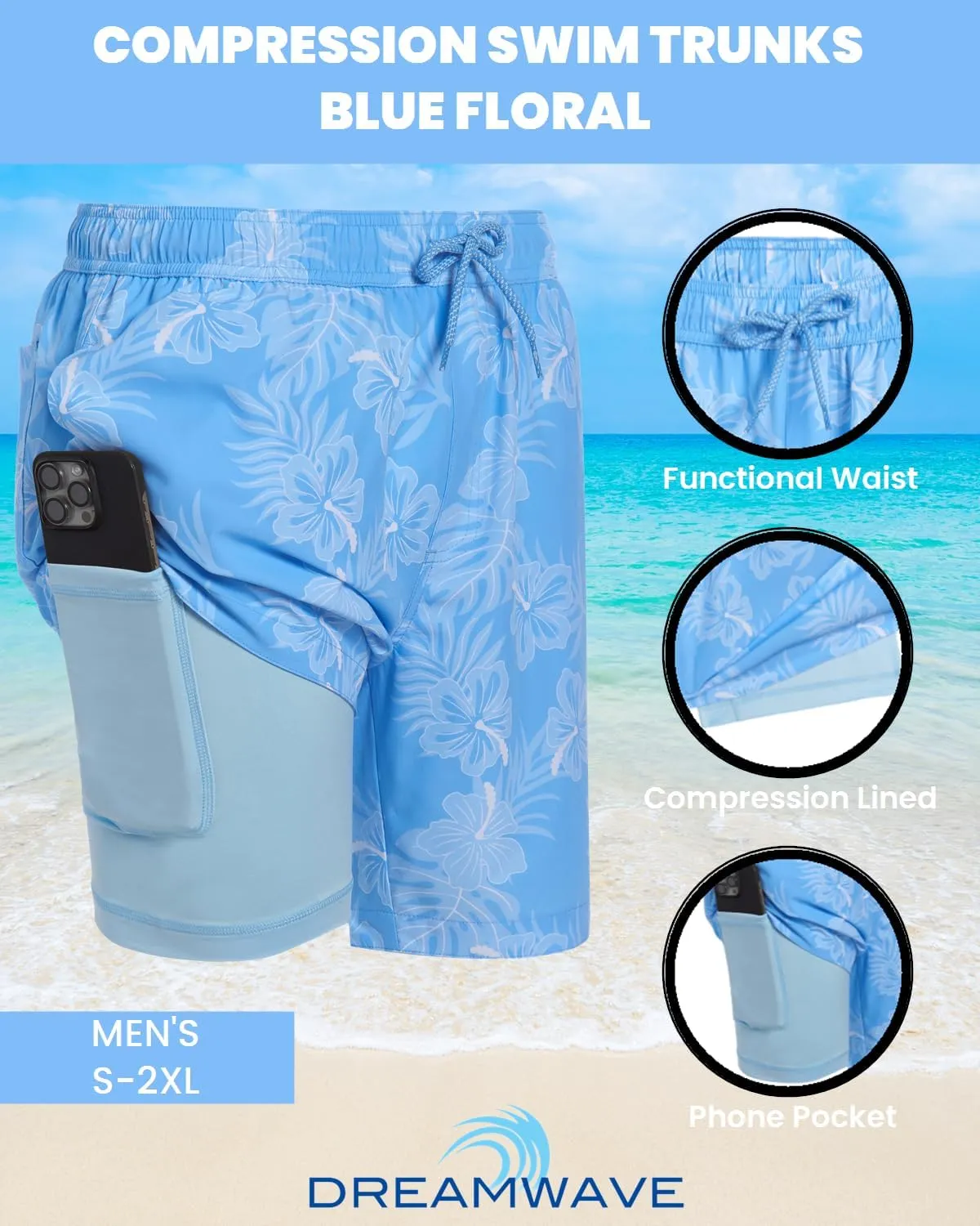 Mens Swim Trunks with Compression Liner Anti Chafing 7 inch Inseam Stretch Quick Dry Swim Shorts with Phone Pocket
