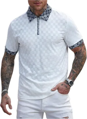Men's Tartan Plaid Short Sleeve Golf Shirt Quarter Zip Work Business Collared Shirts