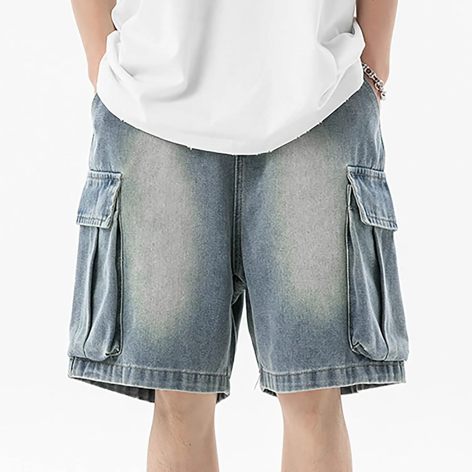 Mens Y2K Grunge Baggy Jean Shorts Casual Hip Hop Cargo Pants Loose Fit Denim Shorts with Pockets