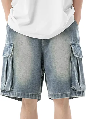 Mens Y2K Grunge Baggy Jean Shorts Casual Hip Hop Cargo Pants Loose Fit Denim Shorts with Pockets