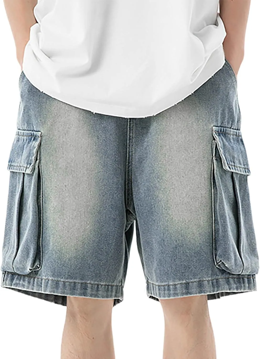 Mens Y2K Grunge Baggy Jean Shorts Casual Hip Hop Cargo Pants Loose Fit Denim Shorts with Pockets