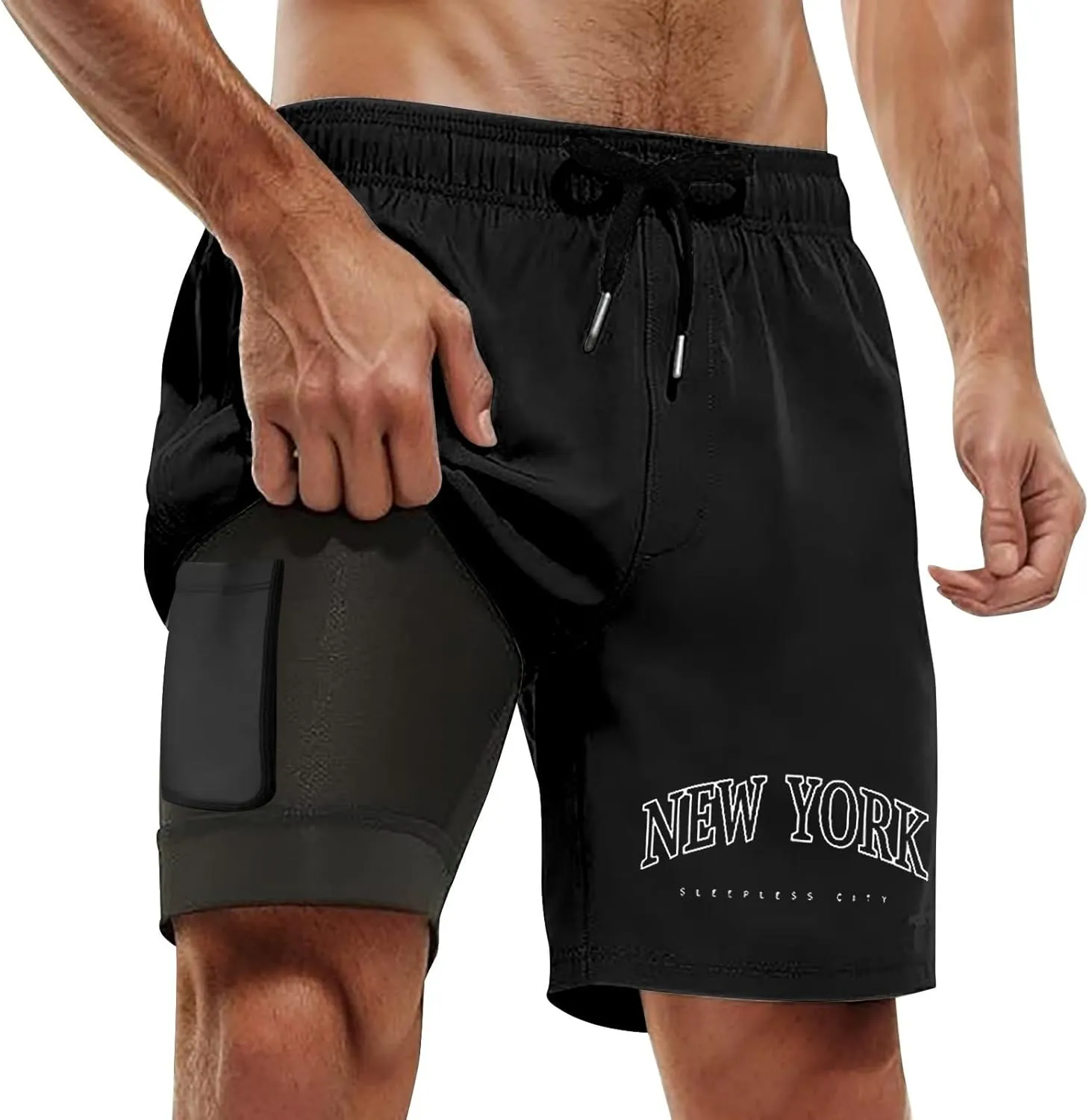 New York Mens Swim Trunks with Compression Liner 9" 2 in 1 Quick Dry Swimming Shorts Stretch Swimwear with Pockets
