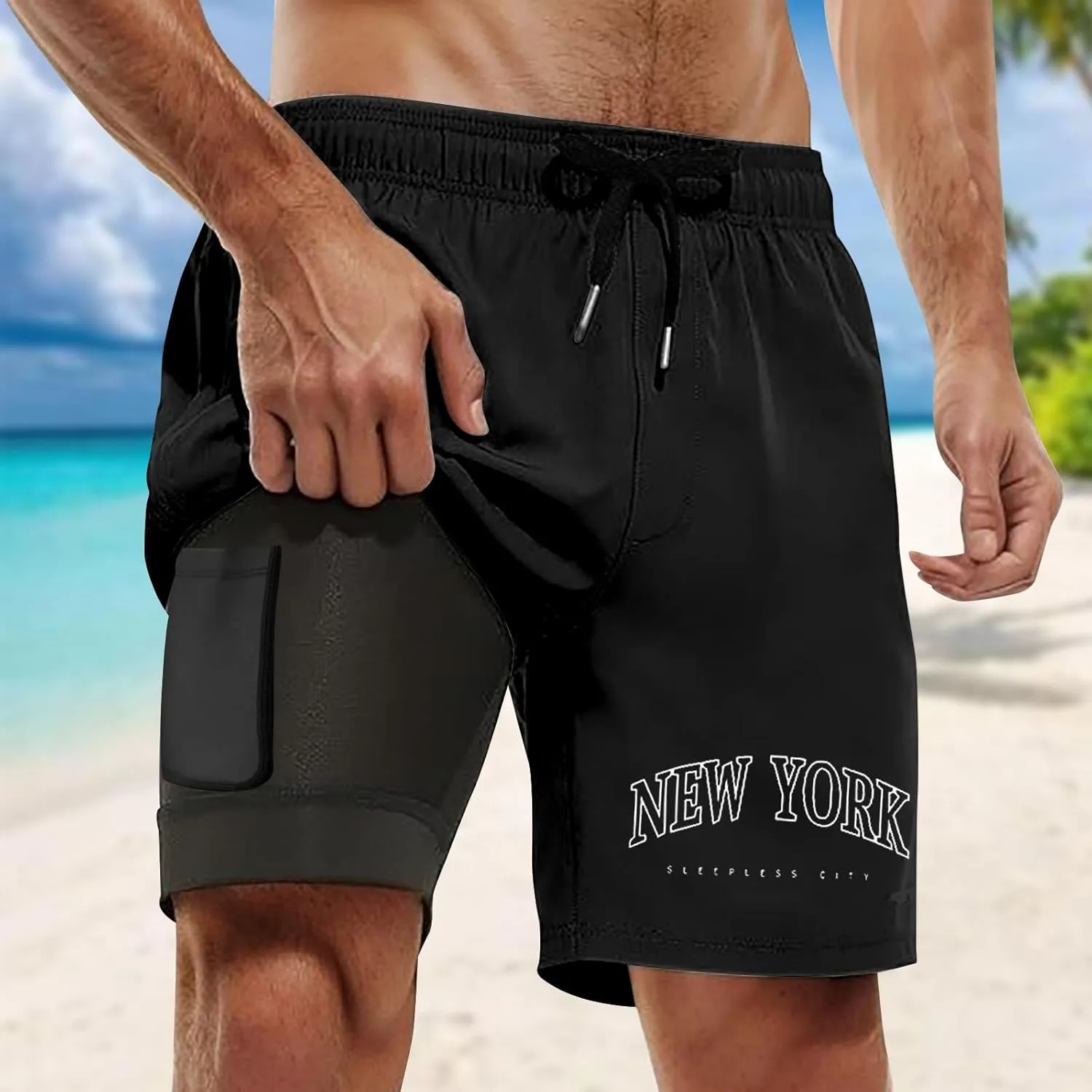 New York Mens Swim Trunks with Compression Liner 9" 2 in 1 Quick Dry Swimming Shorts Stretch Swimwear with Pockets
