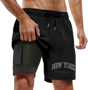 New York Mens Swim Trunks with Compression Liner 9" 2 in 1 Quick Dry Swimming Shorts Stretch Swimwear with Pockets