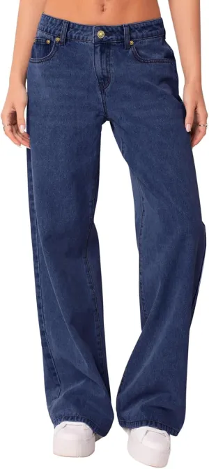NIMIN Vintage Jeans for Women Mid Rise Straight Wide Leg Denim Pants Vintage Baggy Boyfriend Y2K Pants Slacks Dark Blue Large