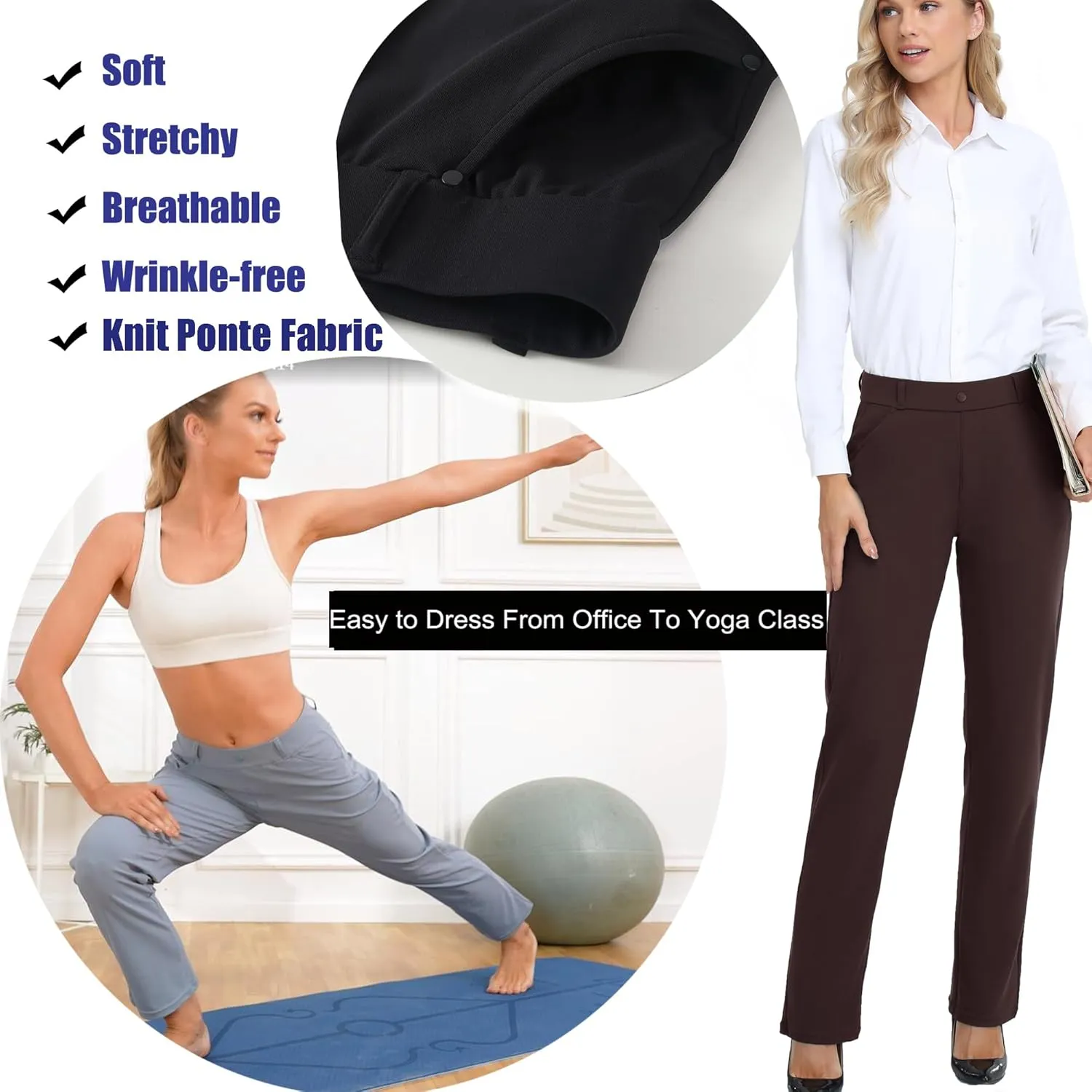 Oalka Women's Dress Pants Straight Leg Yoga Work Stretchy Pant for Office Business