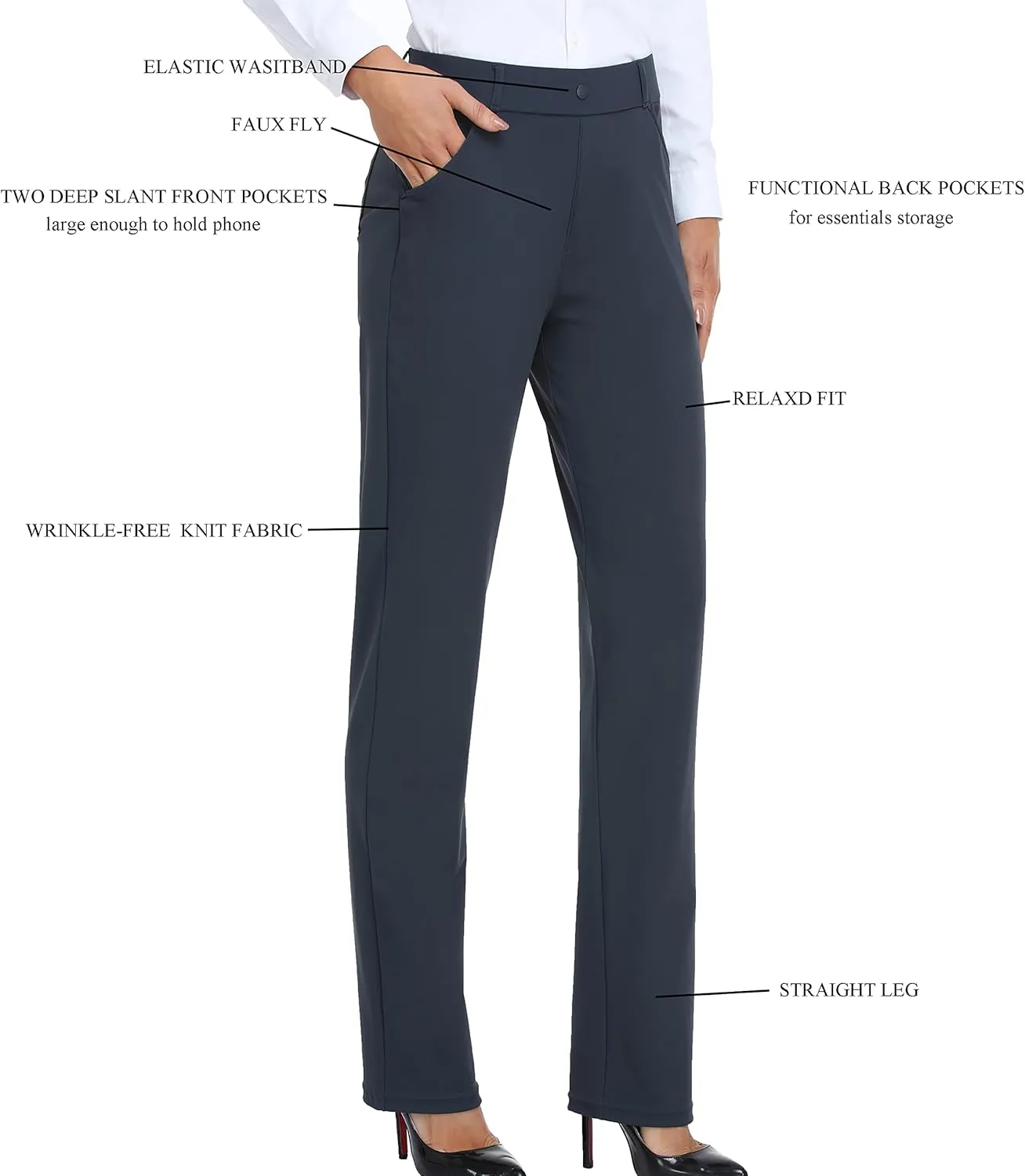 Oalka Women's Dress Pants Straight Leg Yoga Work Stretchy Pant for Office Business
