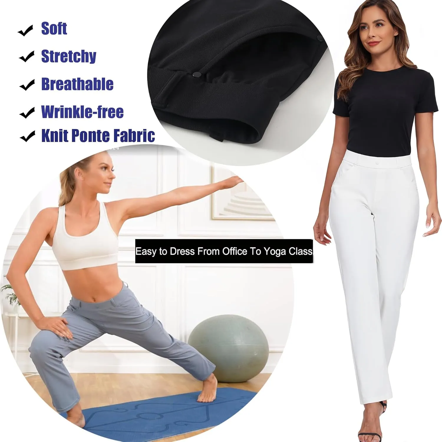 Oalka Women's Dress Pants Straight Leg Yoga Work Stretchy Pant for Office Business