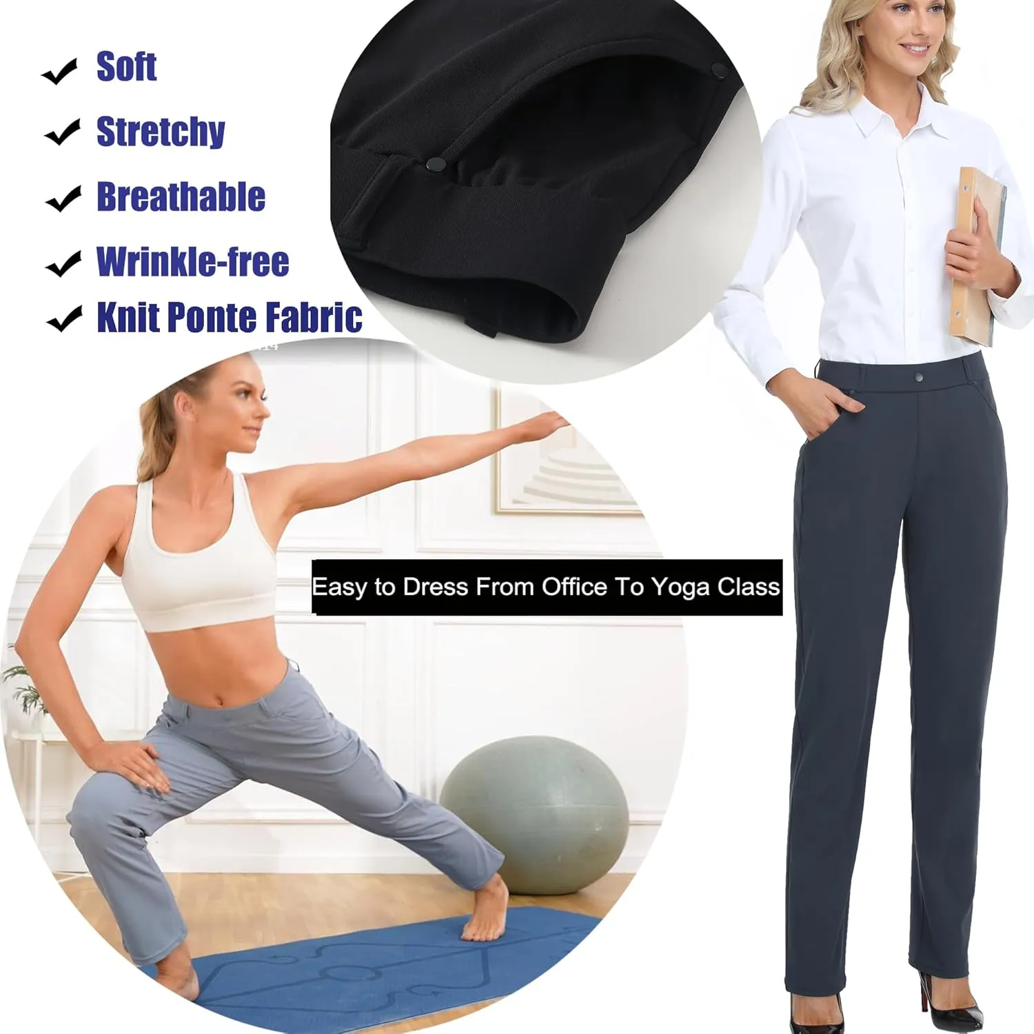 Oalka Women's Dress Pants Straight Leg Yoga Work Stretchy Pant for Office Business