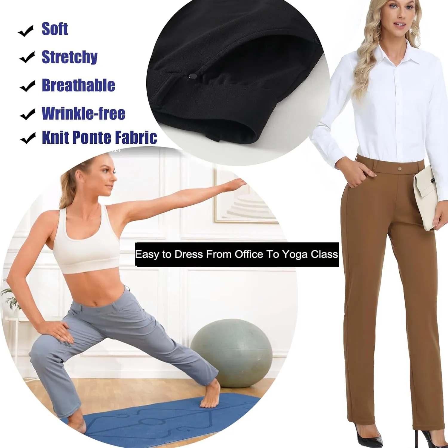 Oalka Women's Dress Pants Straight Leg Yoga Work Stretchy Pant for Office Business