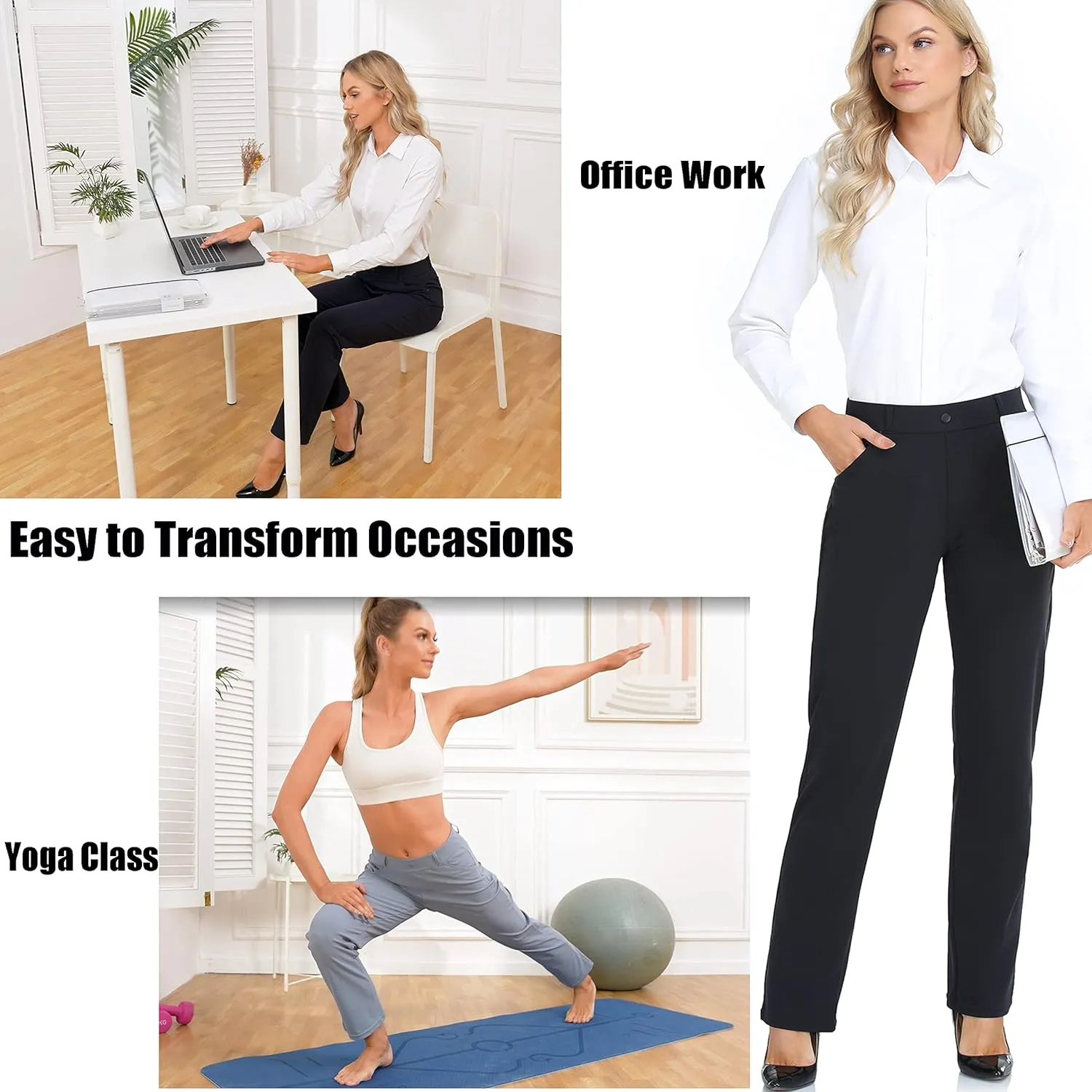 Oalka Women's Dress Pants Straight Leg Yoga Work Stretchy Pant for Office Business