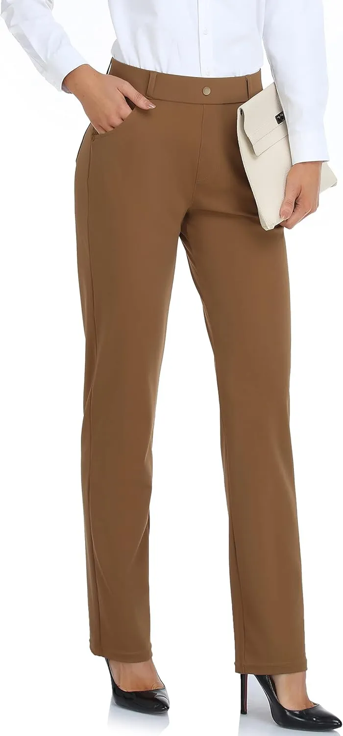 Oalka Women's Dress Pants Straight Leg Yoga Work Stretchy Pant for Office Business