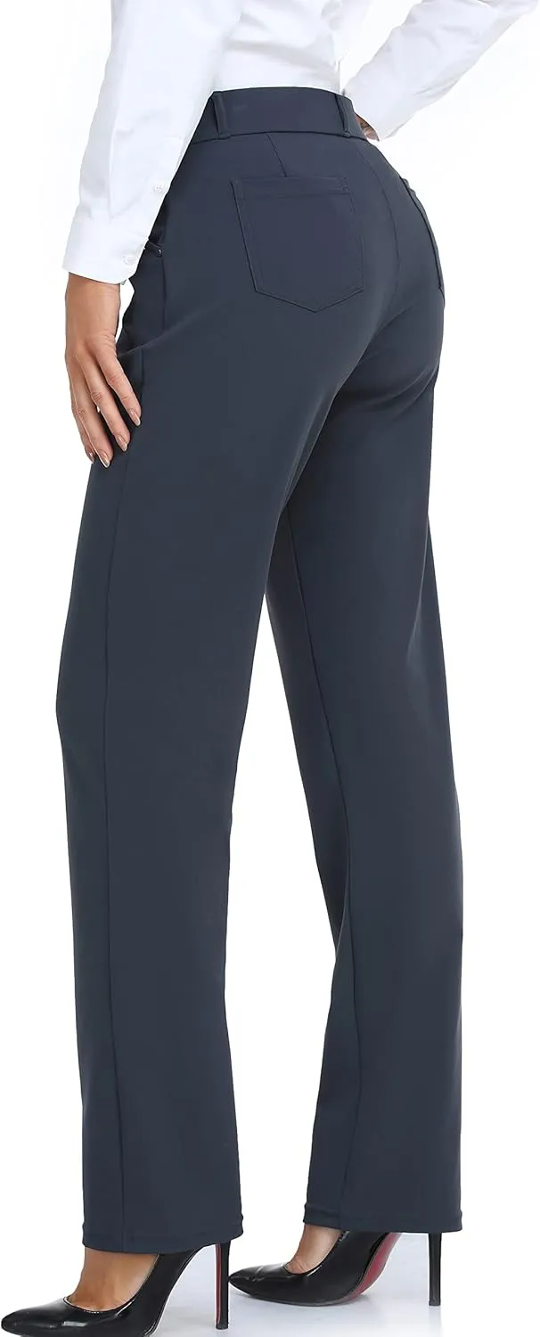 Oalka Women's Dress Pants Straight Leg Yoga Work Stretchy Pant for Office Business