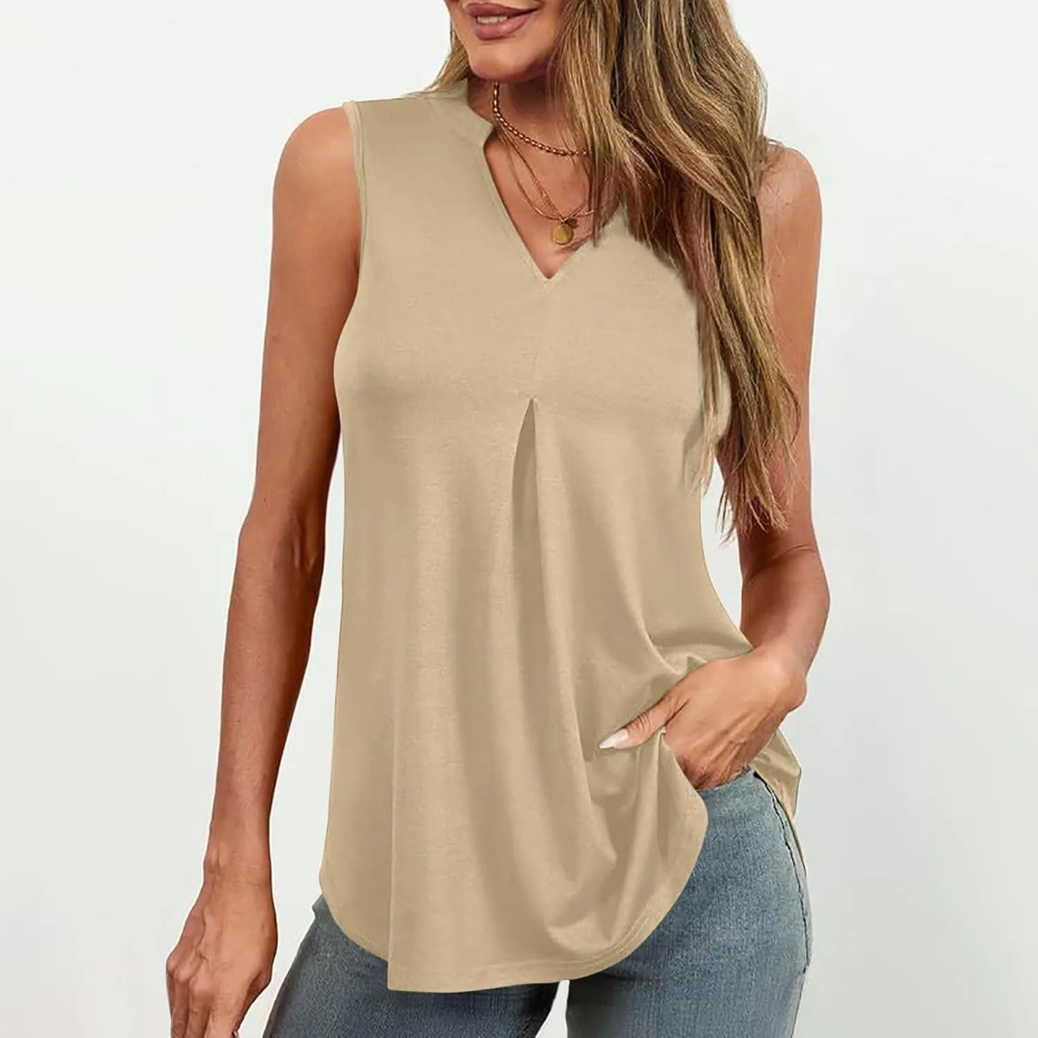 Oplxuo Women V Neck Pleated Tank Tops Trendy Dressy Sleeveless Shirts Casual Cute Blouses Solid Summer Tanks