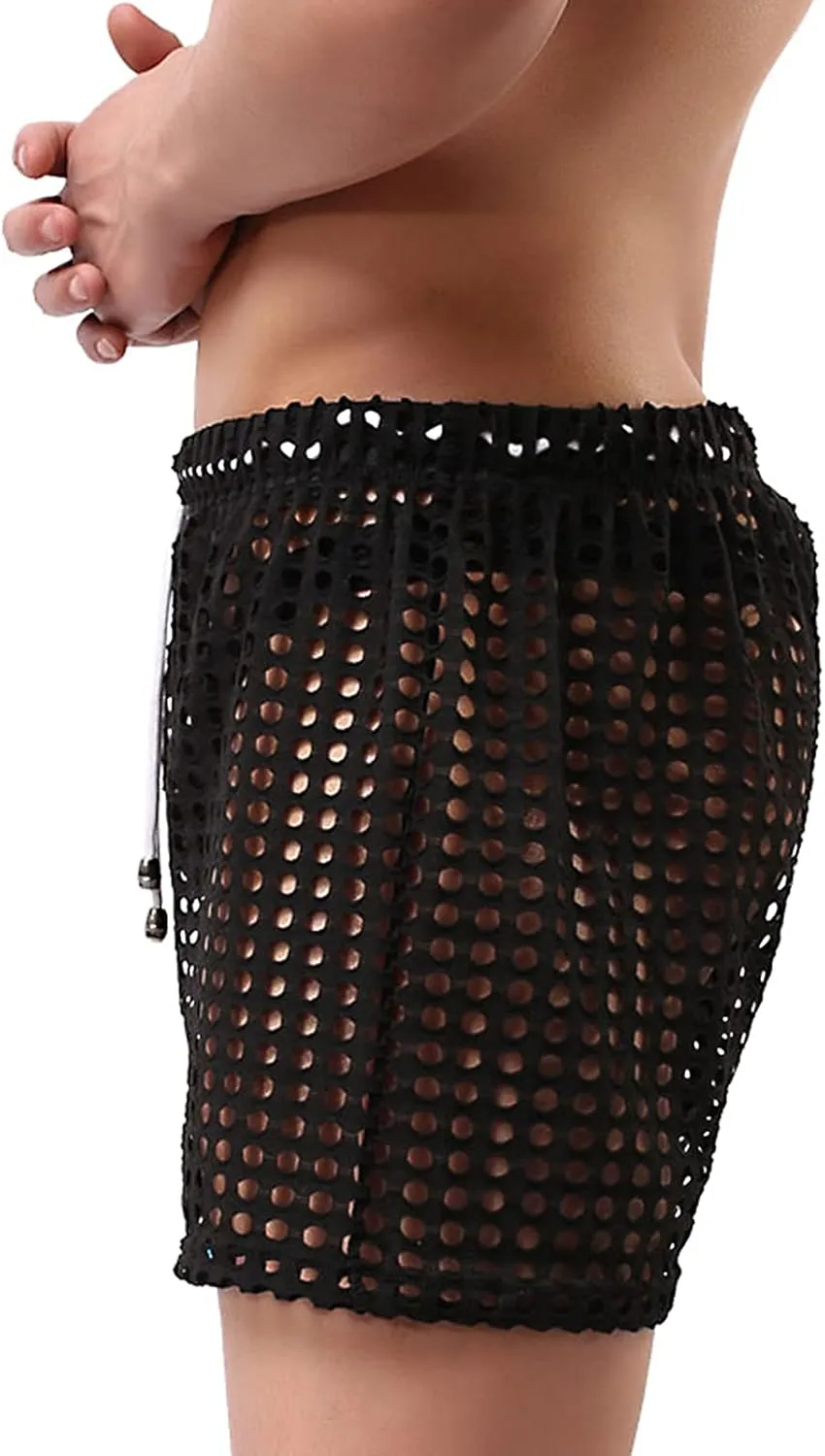 Panegy Men's Muscle Shorts Fishnet Openwork Boxer Shorts Workout Running Gym Mesh Hot Shorts Swim Trunks