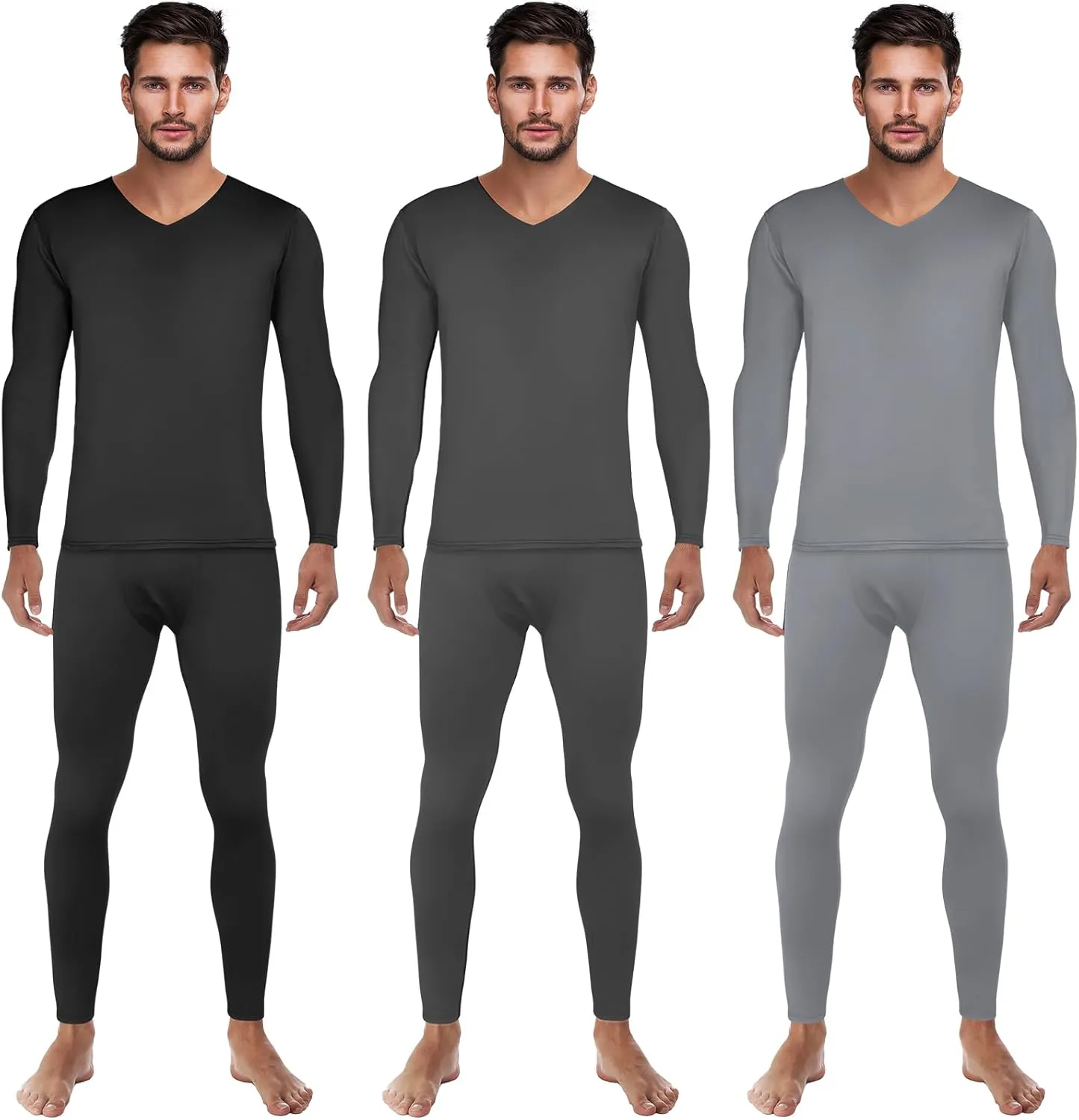 Patelai 3 Set Thermal Underwear for Men Long Underwear Fleece Lined V Neck Winter Warm Base Layers Thermal Top Bottom
