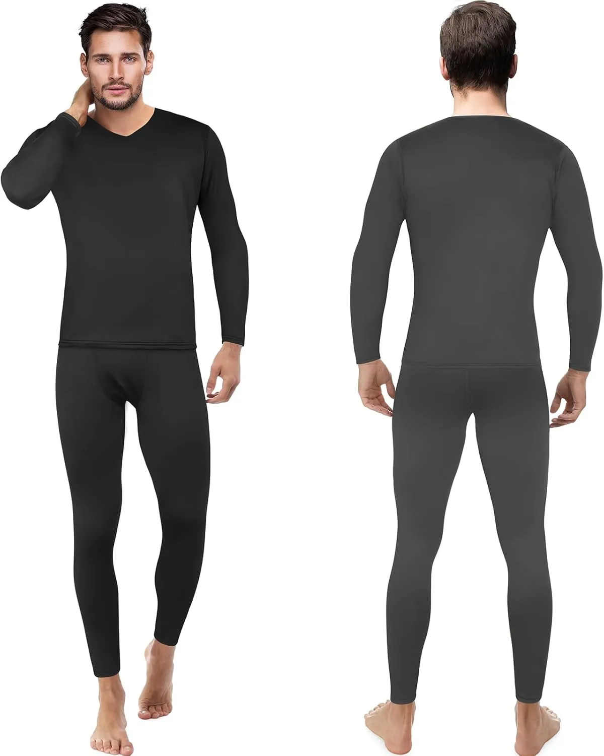 Patelai 3 Set Thermal Underwear for Men Long Underwear Fleece Lined V Neck Winter Warm Base Layers Thermal Top Bottom