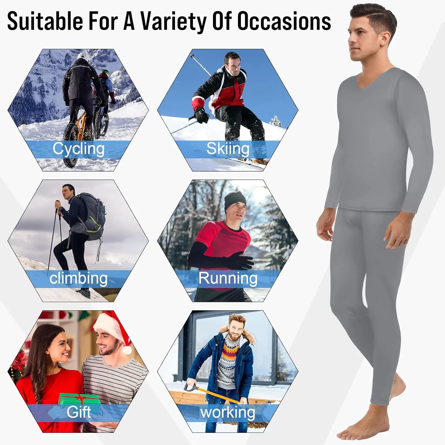 Patelai 3 Set Thermal Underwear for Men Long Underwear Fleece Lined V Neck Winter Warm Base Layers Thermal Top Bottom