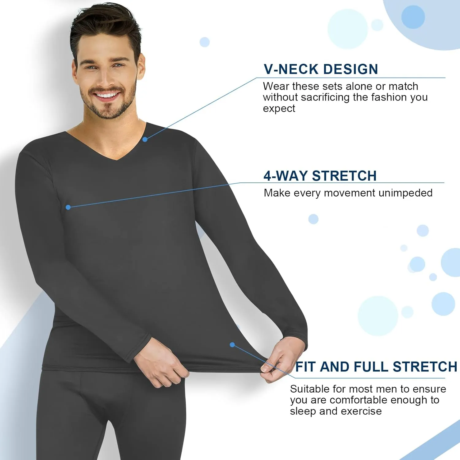 Patelai 3 Set Thermal Underwear for Men Long Underwear Fleece Lined V Neck Winter Warm Base Layers Thermal Top Bottom