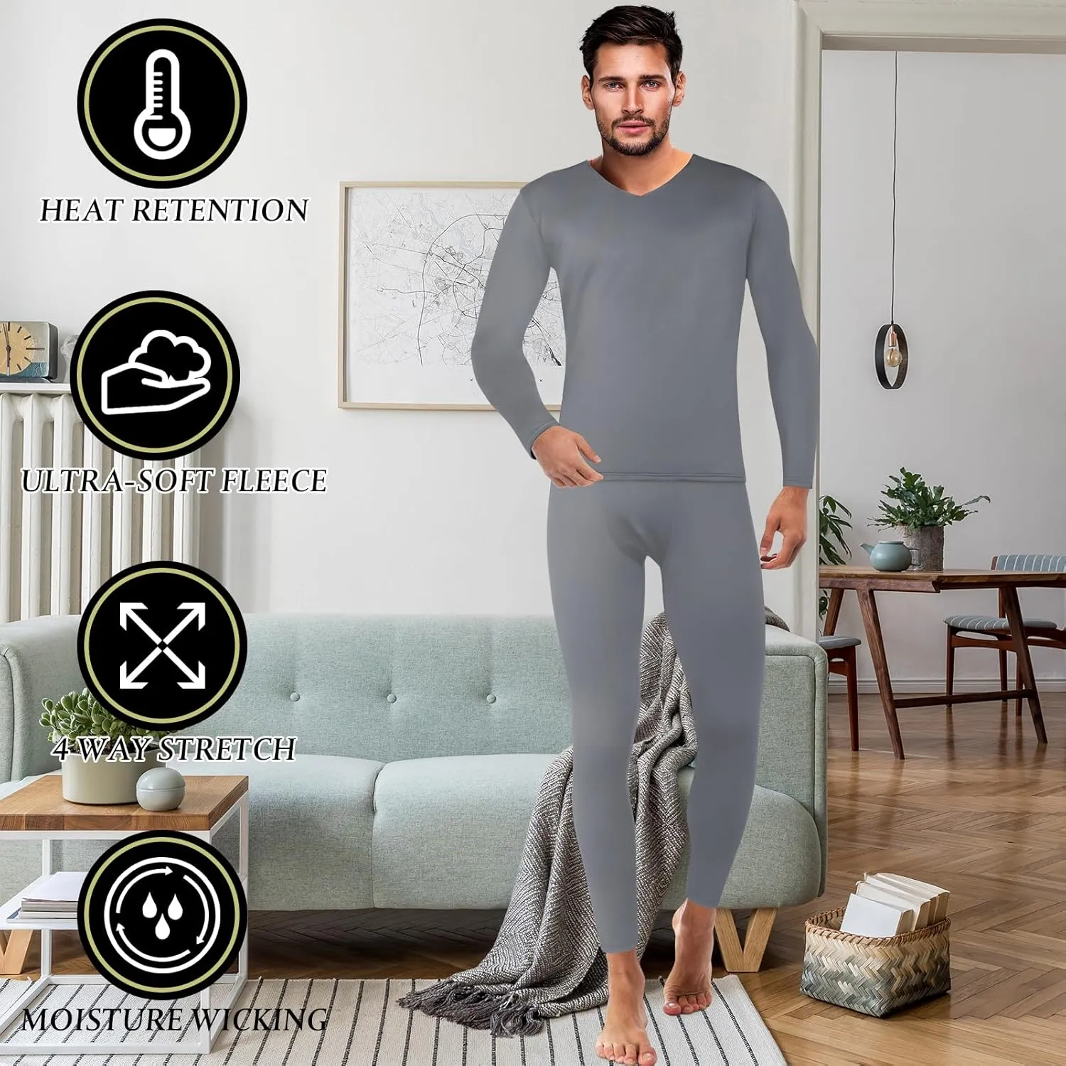 Patelai 3 Set Thermal Underwear for Men Long Underwear Fleece Lined V Neck Winter Warm Base Layers Thermal Top Bottom