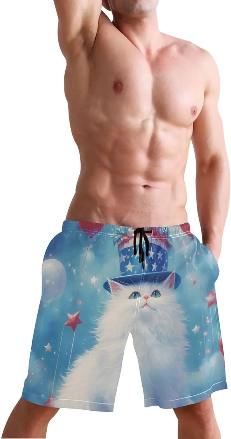 Patriotic White Cat Balloons Swim Trunks for Men Men Swimming Trunks Vacation Quick Dry Elastic Waist S