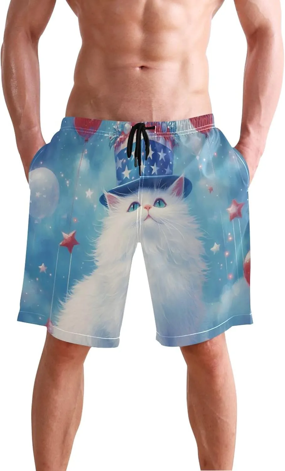 Patriotic White Cat Balloons Swim Trunks for Men Men Swimming Trunks Vacation Quick Dry Elastic Waist S