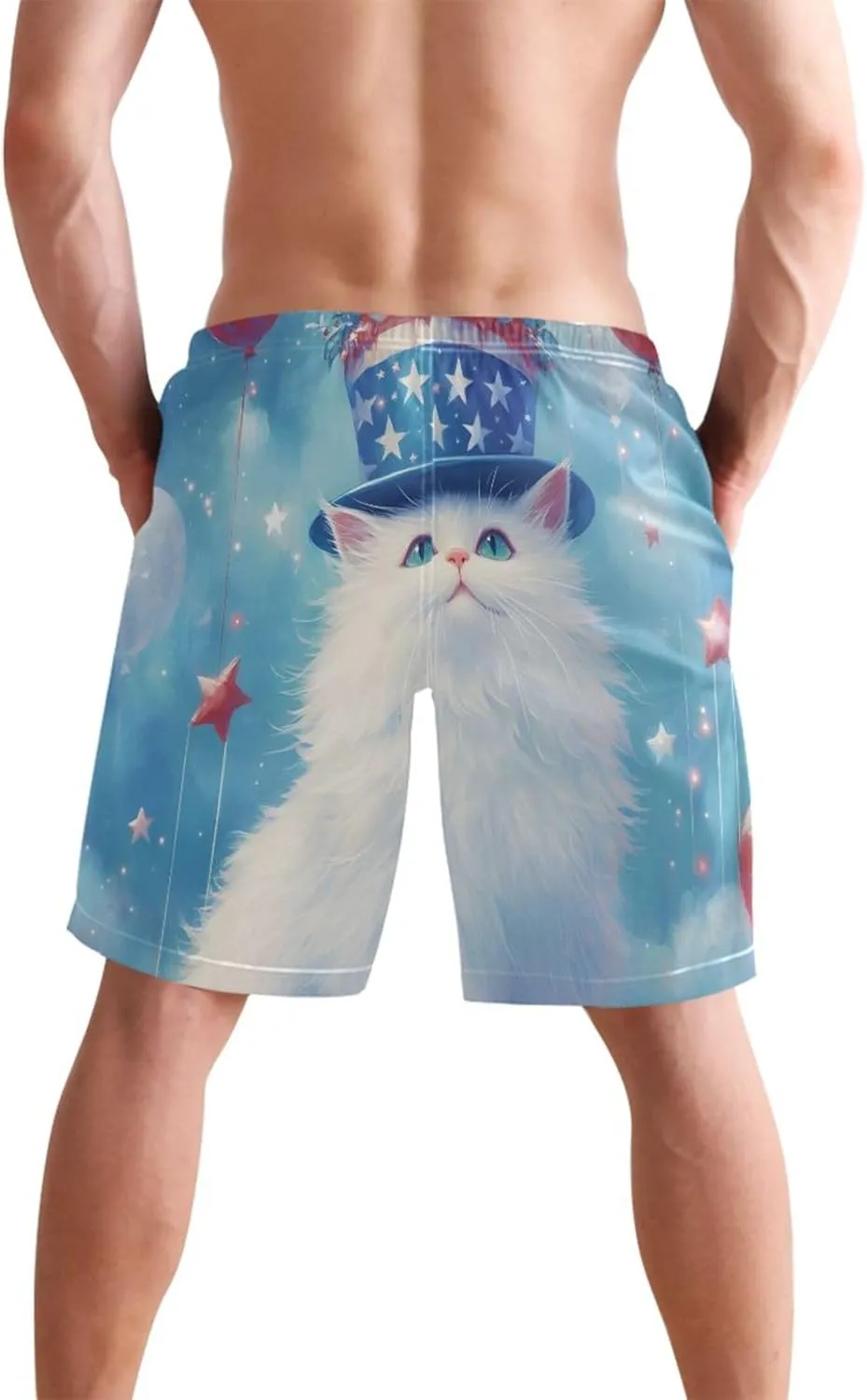 Patriotic White Cat Balloons Swim Trunks for Men Men Swimming Trunks Vacation Quick Dry Elastic Waist S