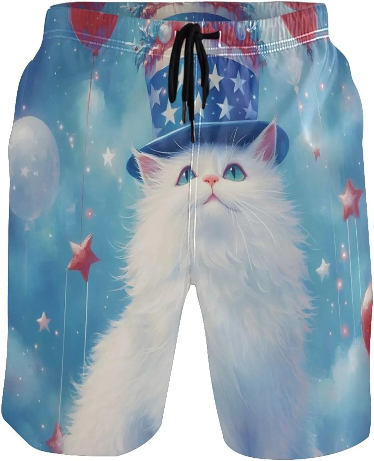 Patriotic White Cat Balloons Swim Trunks for Men Men Swimming Trunks Vacation Quick Dry Elastic Waist S