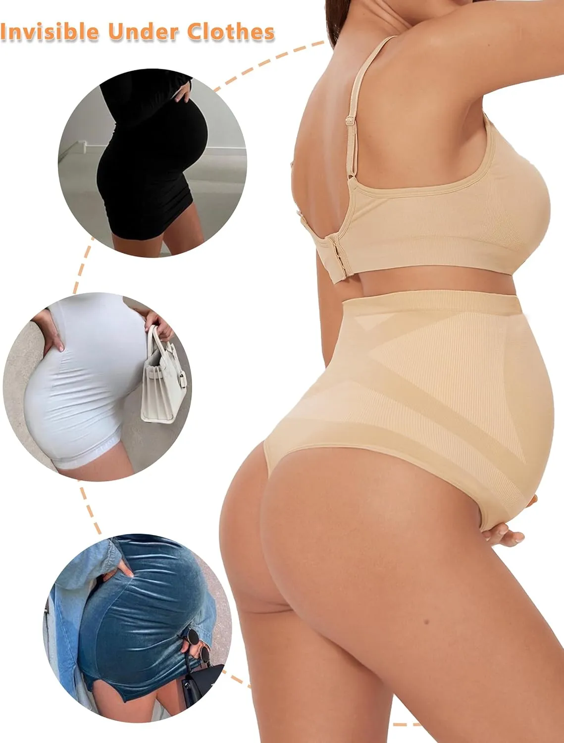 Peauty Women's Seamless Maternity Thong Underwear (S-3XL) - High Waisted No Panty Lines Shapewear for Dresses & Formal Wear