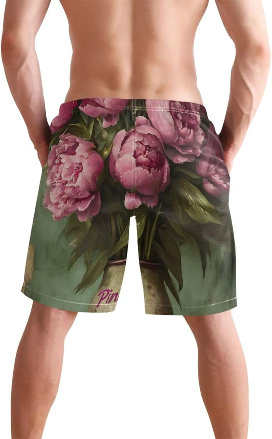 Personalized Cute Swim Trunks Men Vintage Pink Peony Floral Vase Swimming Suit for Men Swimwear Bathing Suits S