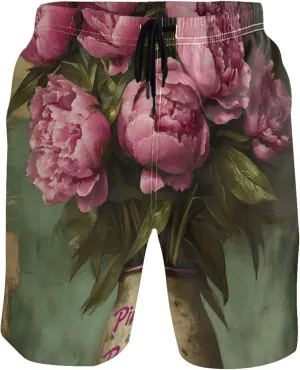 Personalized Cute Swim Trunks Men Vintage Pink Peony Floral Vase Swimming Suit for Men Swimwear Bathing Suits S