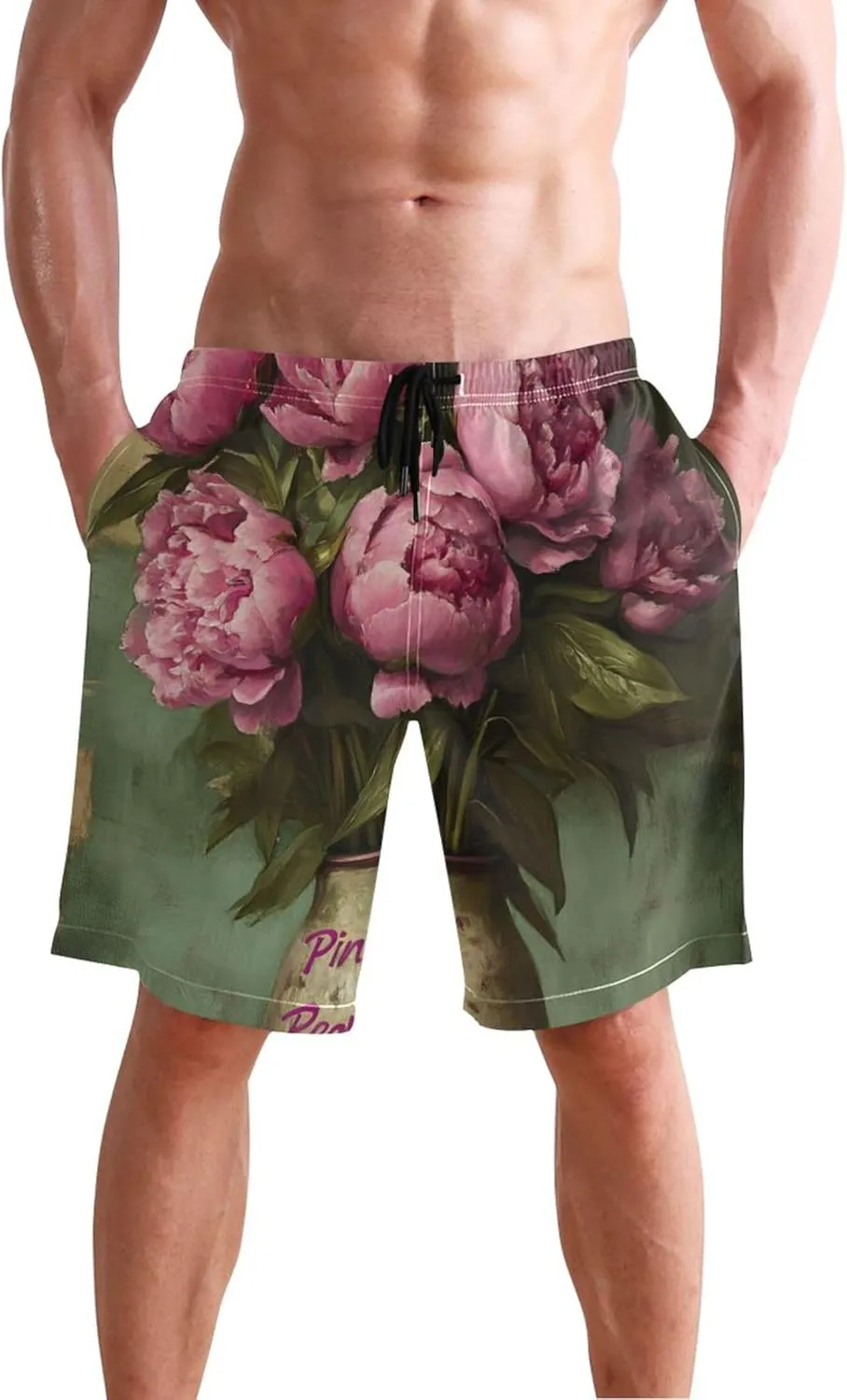 Personalized Cute Swim Trunks Men Vintage Pink Peony Floral Vase Swimming Suit for Men Swimwear Bathing Suits S