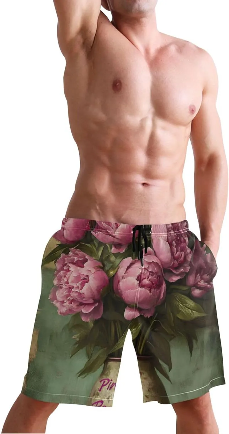Personalized Cute Swim Trunks Men Vintage Pink Peony Floral Vase Swimming Suit for Men Swimwear Bathing Suits S