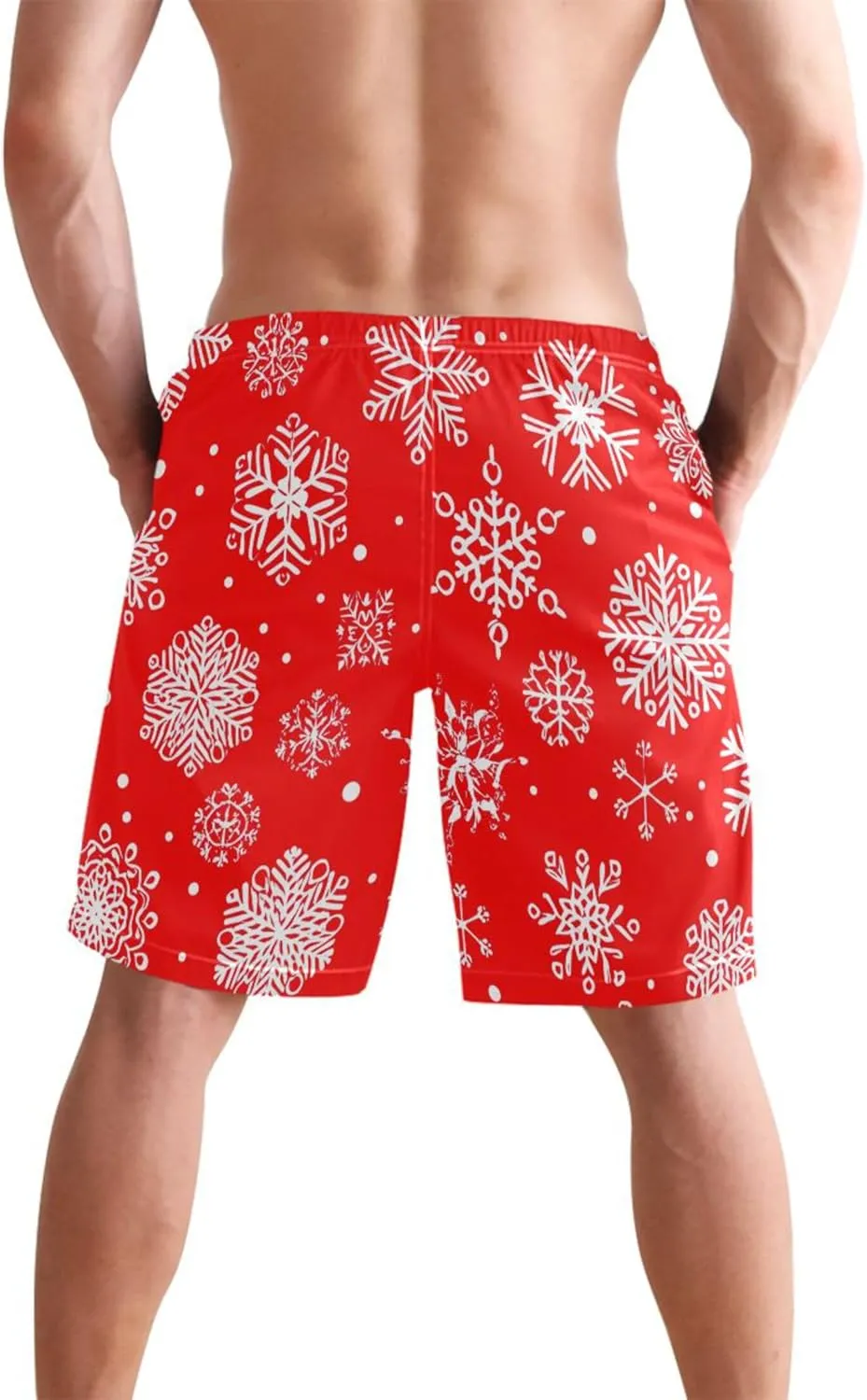 Personalized Swim Trunks for Men Christmas White Snowflakes Red Swimming Suit for Men Quick Dry Elastic Waist S