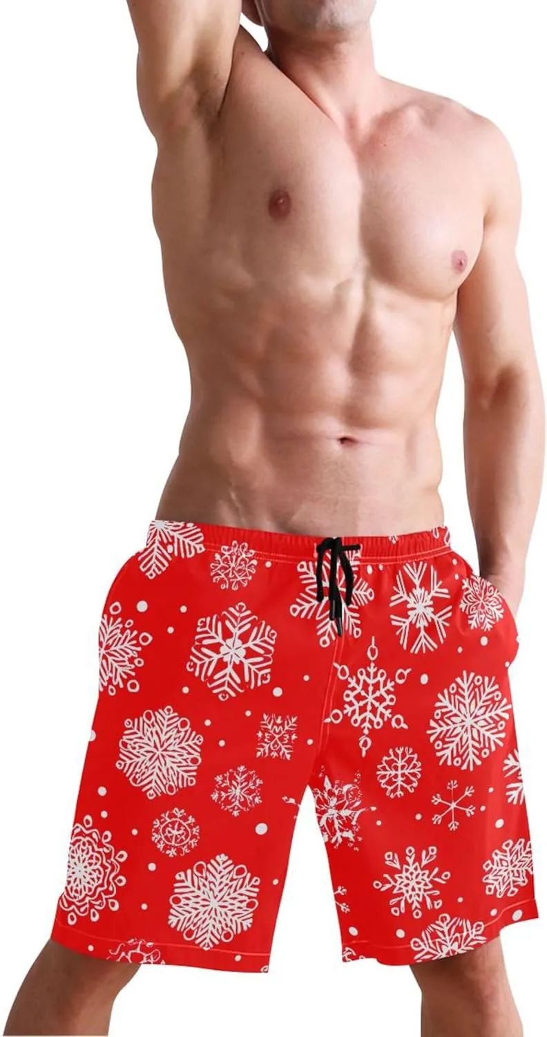 Personalized Swim Trunks for Men Christmas White Snowflakes Red Swimming Suit for Men Quick Dry Elastic Waist S