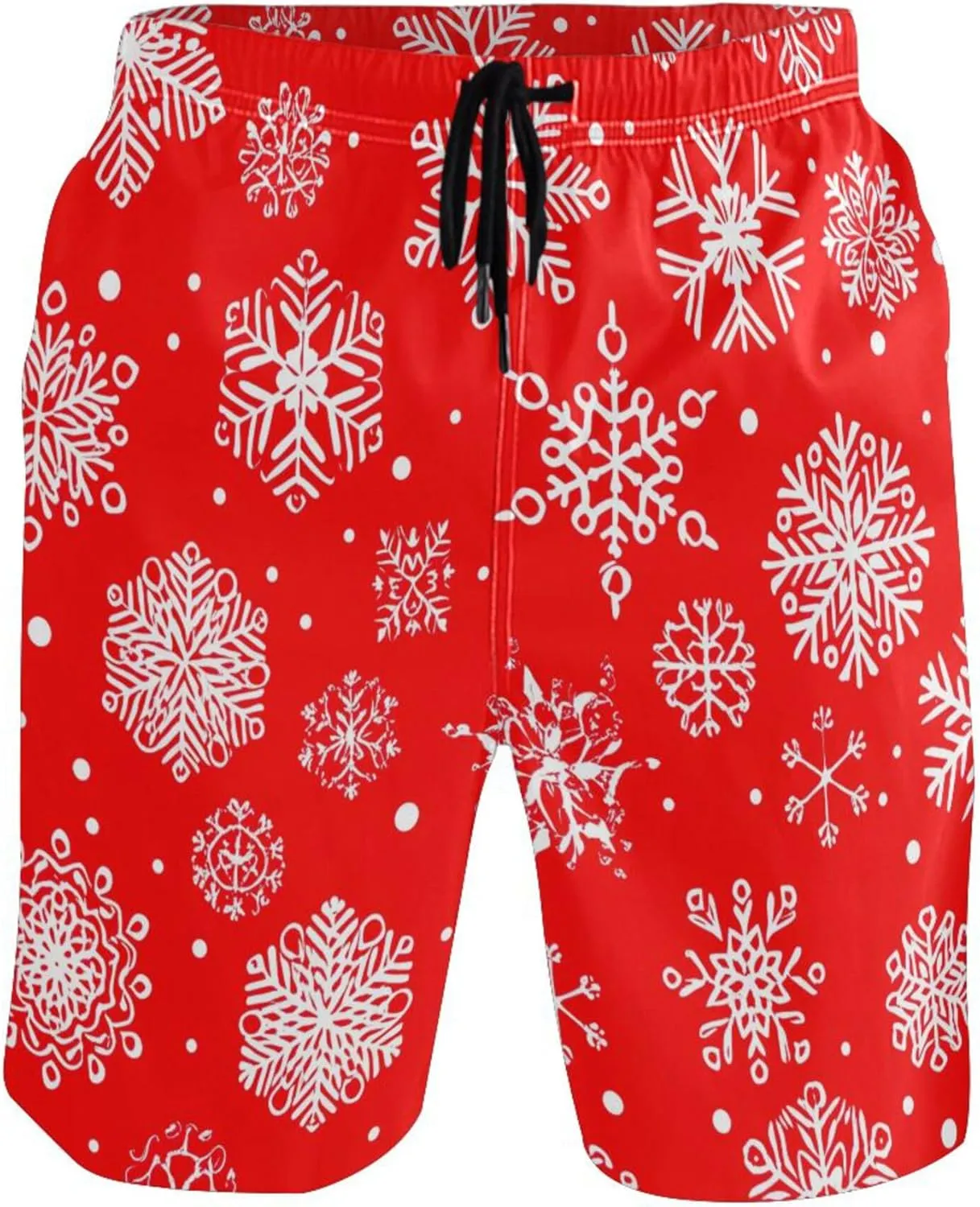 Personalized Swim Trunks for Men Christmas White Snowflakes Red Swimming Suit for Men Quick Dry Elastic Waist S