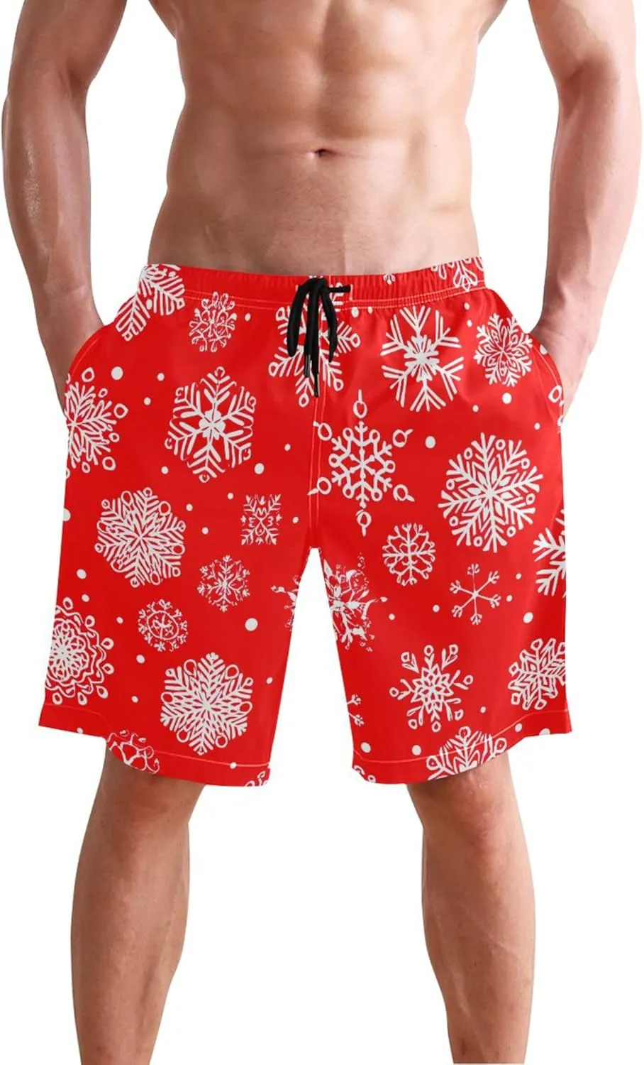 Personalized Swim Trunks for Men Christmas White Snowflakes Red Swimming Suit for Men Quick Dry Elastic Waist S