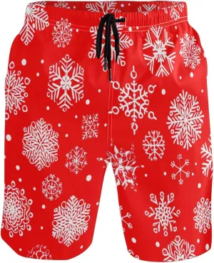 Personalized Swim Trunks for Men Christmas White Snowflakes Red Swimming Suit for Men Quick Dry Elastic Waist S