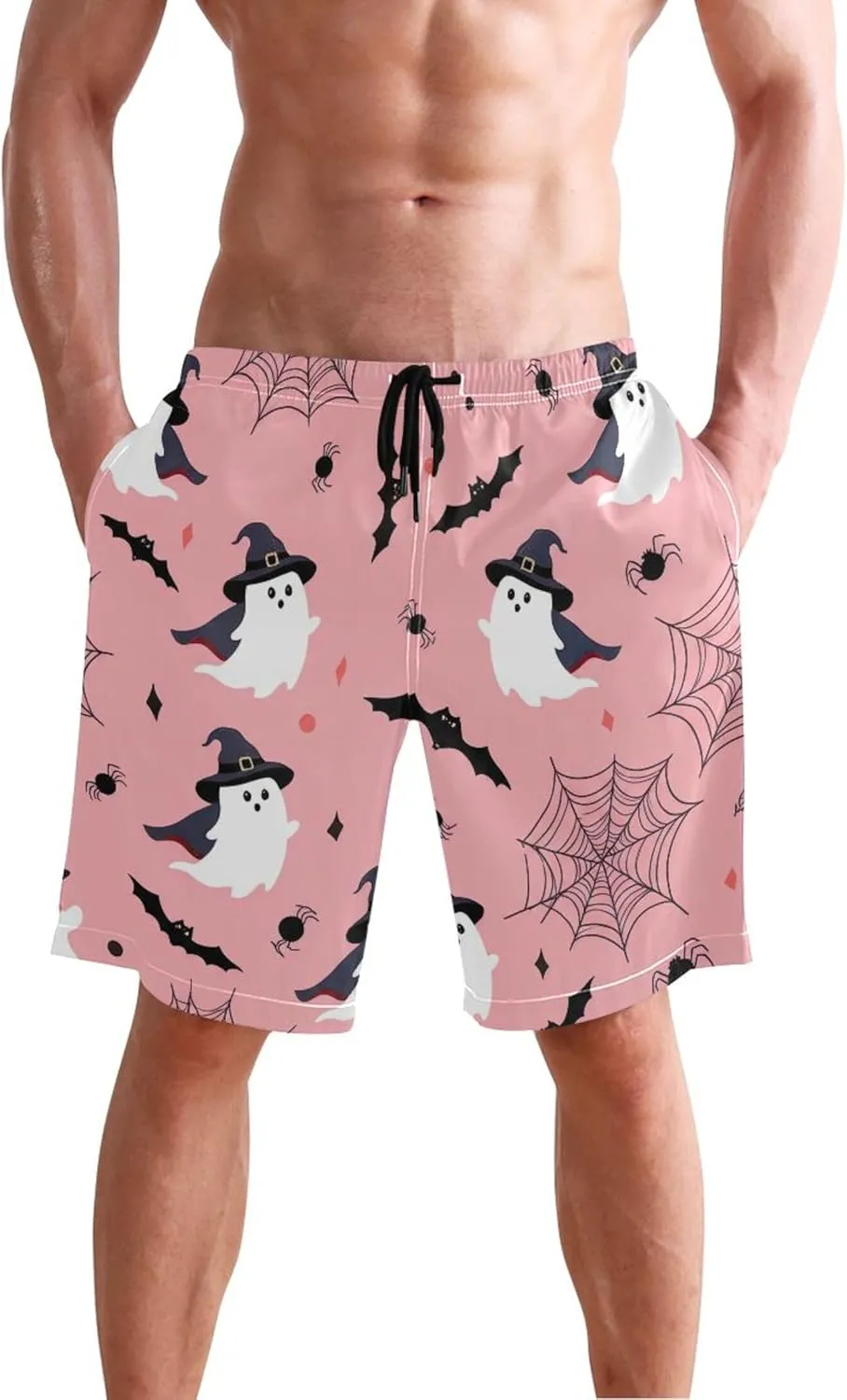 Pink Cute Ghosts Men Swim Trunks Funny Bathing Shorts Quick Dry Surf Board Beach Shorts S