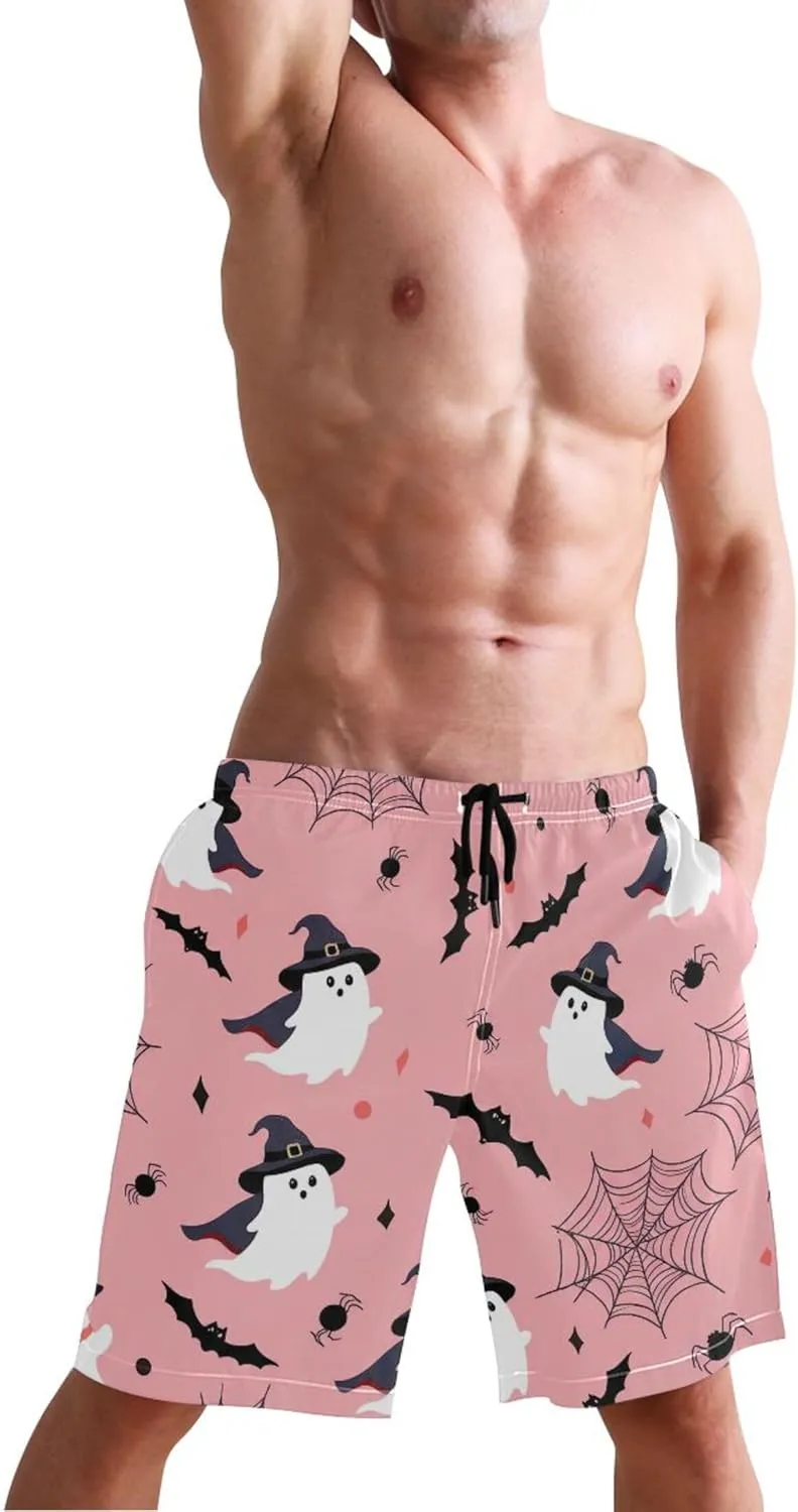 Pink Cute Ghosts Men Swim Trunks Funny Bathing Shorts Quick Dry Surf Board Beach Shorts S
