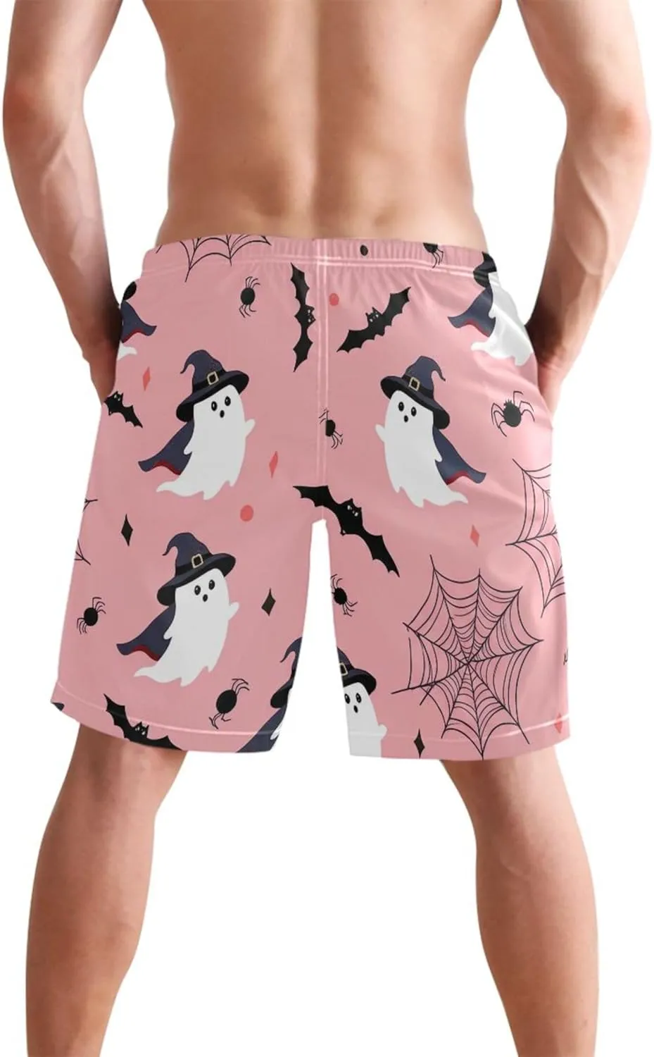 Pink Cute Ghosts Men Swim Trunks Funny Bathing Shorts Quick Dry Surf Board Beach Shorts S