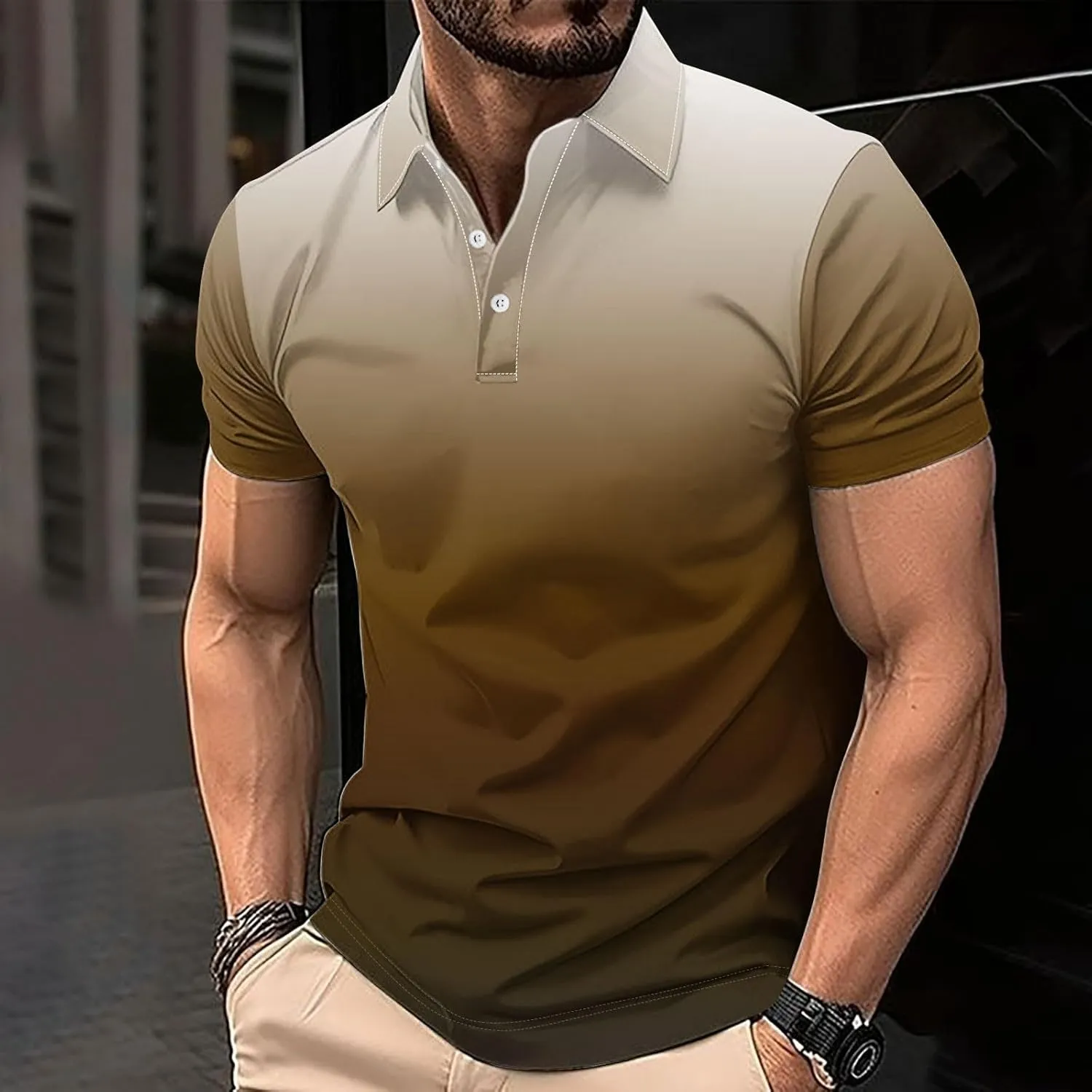 Polo Shirts for Men Short Sleeve Button Down Collar Gradient Tee Dressy Casual Business Work Tshirt Summer Golf Tops