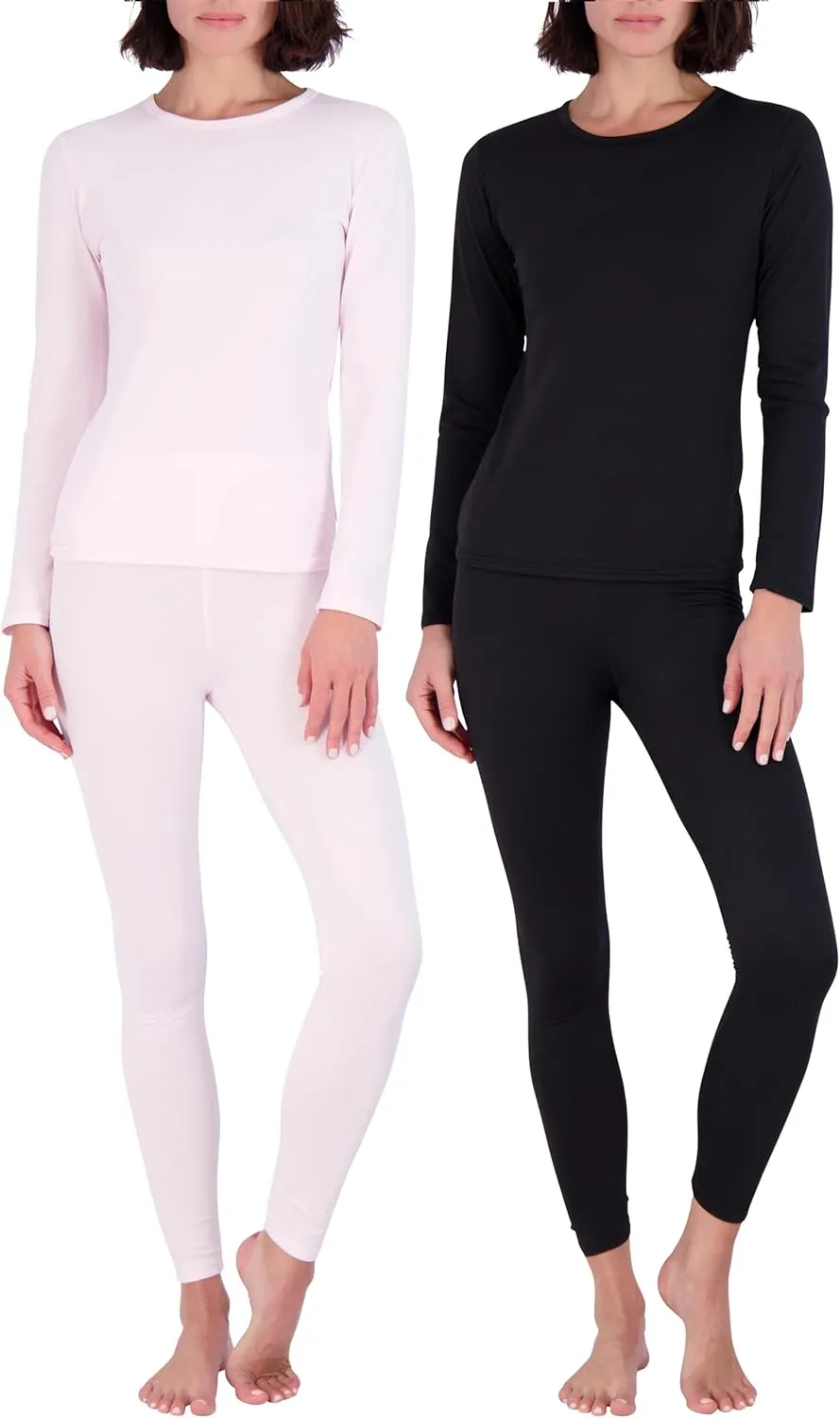 Real Essentials 4 Piece: Womens Thermal Underwear Set - Thermal Underwear for Women Fleece Lined Top & Bottom Long Johns